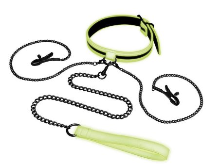 Glow In The Dark Collar With Nipple Clips And Leash świecąca w ciemności obroża z klipsami na sutki i smyczą Black Online Hot Sale